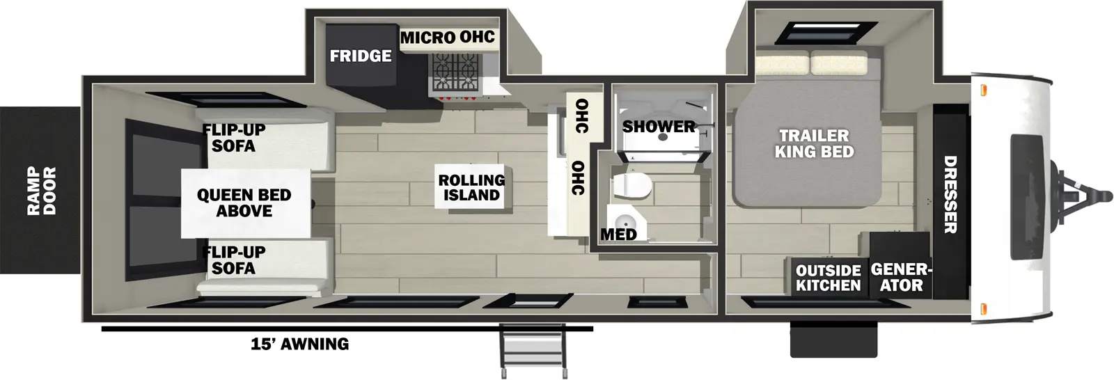 The Vengeance Rogue Armored Travel Trailers 26L140 floorplan is a toy hauler that has one entry and two slide outs. Exterior features include: fiberglass exterior, 18' awning and outside kitchen. Interiors features include: front bedroom.